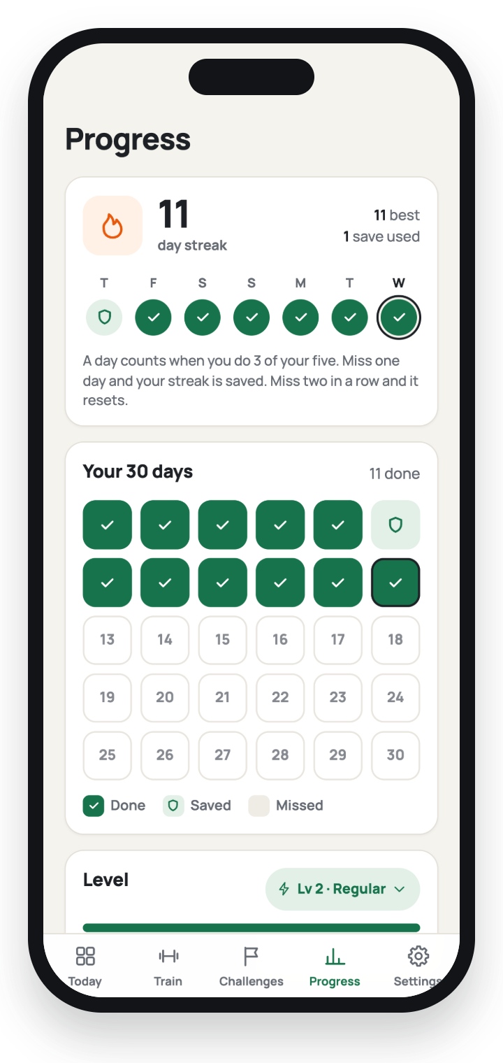 The 30-Day Reset app: the Progress page with a streak, the 30 days and levels