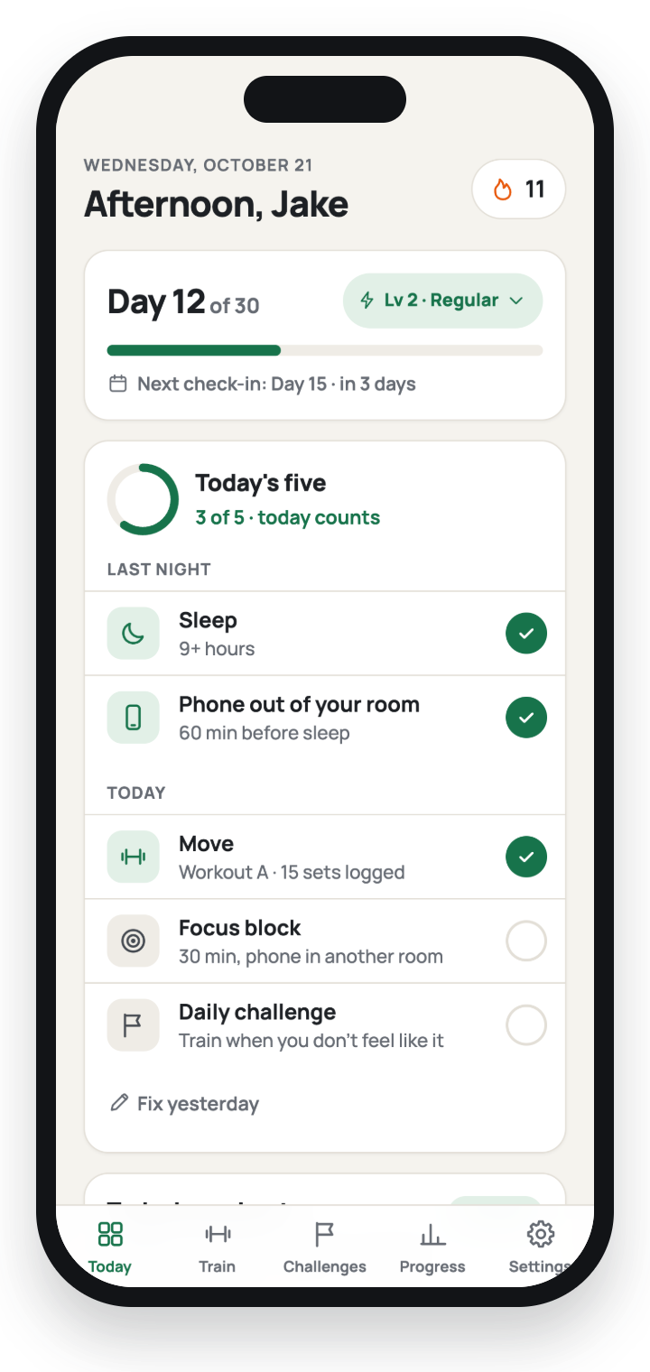 The 30-Day Reset app: the Today screen with the daily five and today's challenge