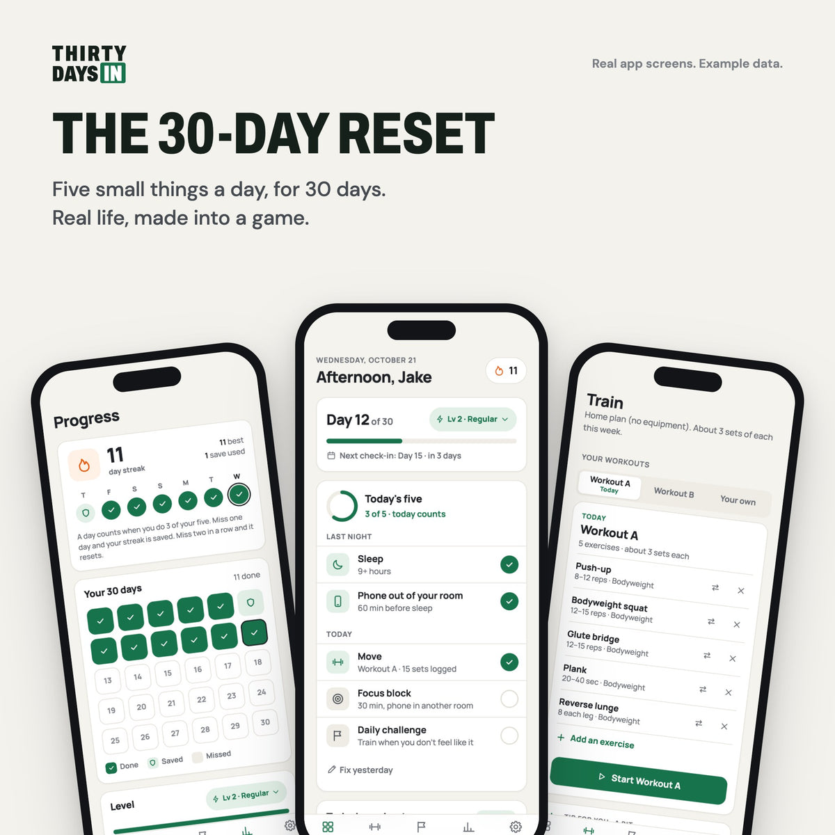 The 30-Day Reset app: progress, today and training screens