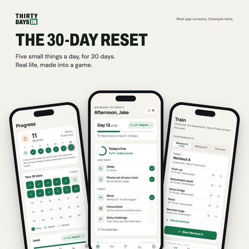 The 30-Day Reset app: progress, today and training screens
