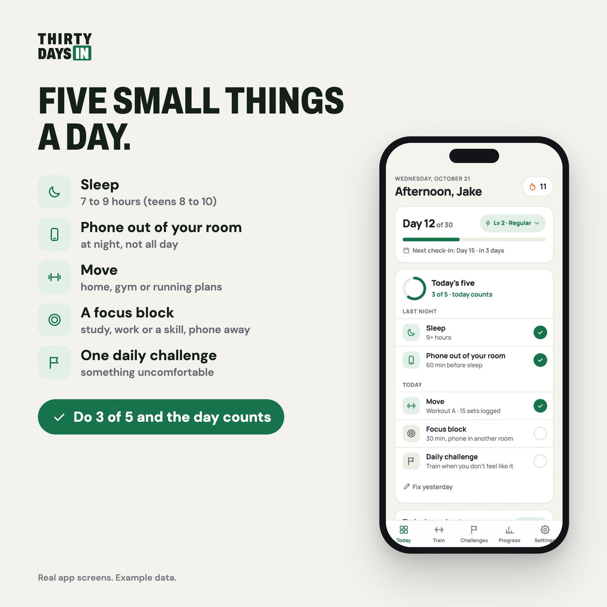 Five small things a day: sleep, phone out of your room, move, a focus block, one daily challenge