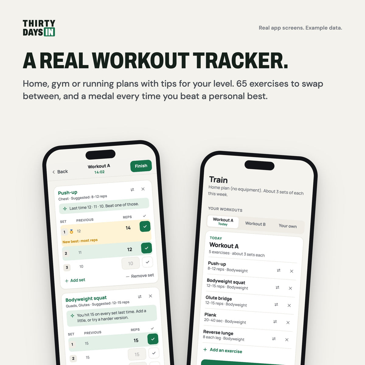 A workout tracker with home, gym and running plans, 65 exercises and personal-best medals
