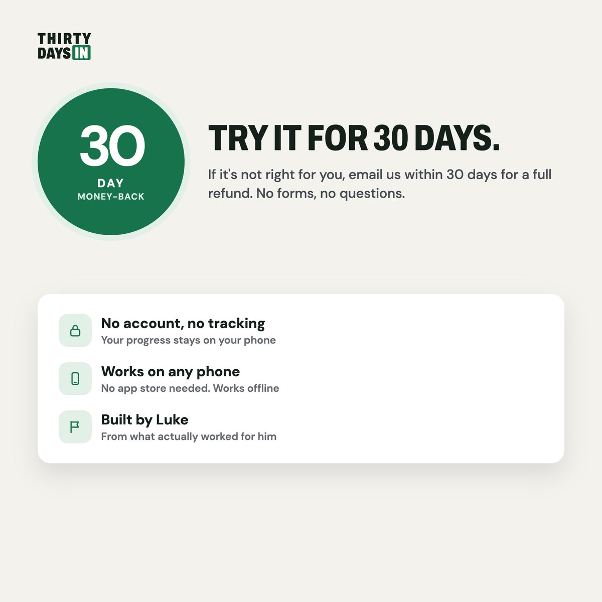 30-day money-back guarantee, no account, works on any phone