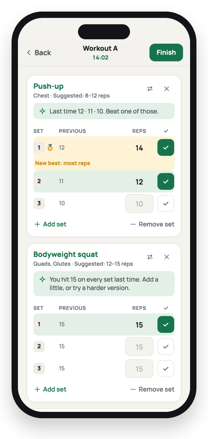 The 30-Day Reset app: logging a workout, with a medal for a new best